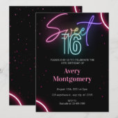 Invitation néon lumineuse pour 16 ans (Devant / Derrière)