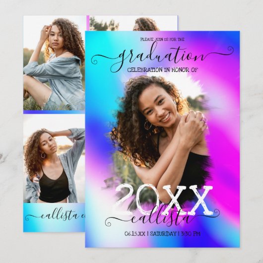 Invitation Neon Mermaid Holographique Photo Collage Graduatio (Devant / Derrière)