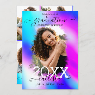 Invitation Neon Mermaid Holographique Photo Collage Graduatio