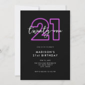 Invitation Neon minimaliste moderne 21e anniversaire (Devant)