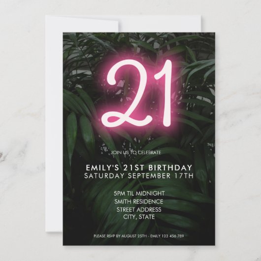 Invitation Neon moderne 21e anniversaire (Devant)