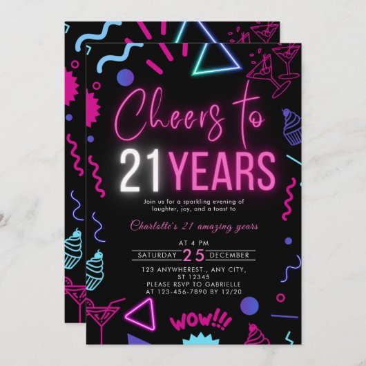 Invitation Neon moderne encourage à 21 ans 21e anniversaire P (Devant / Derrière)