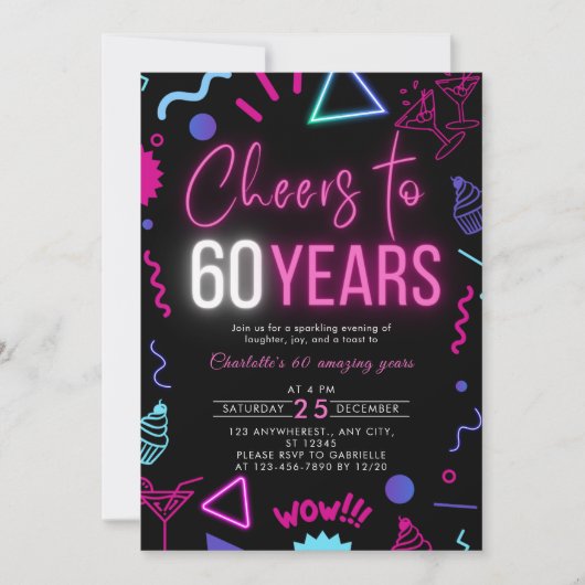 Invitation Neon moderne encourage à 60 ans 60e anniversaire f (Devant)