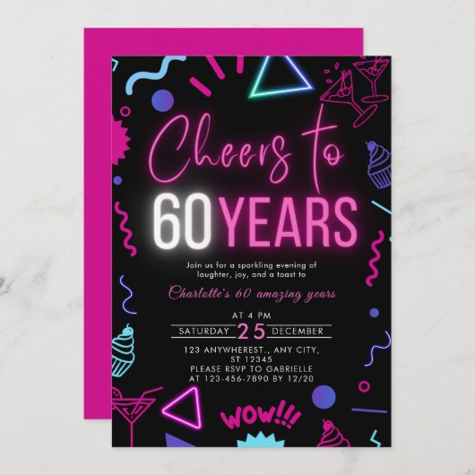 Invitation Neon moderne encourage à 60 ans 60e anniversaire f (Devant / Derrière)