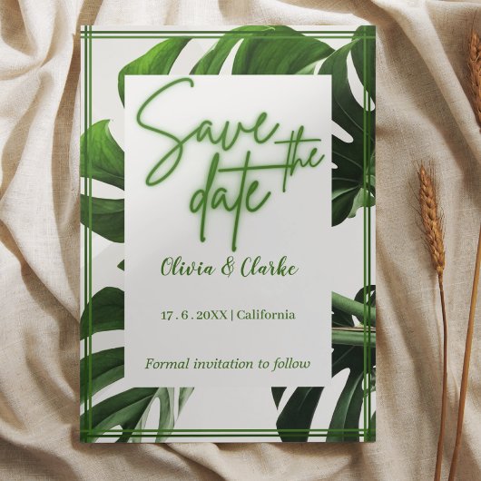 Invitation Neon moderne vert et blanc Tropical Sauvez la date