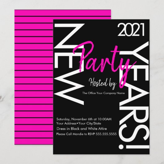 Invitation Neon New Years Party 2021 Typographie blanche rose (Devant / Derrière)