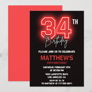 Invitation Neon noir rouge hommes sport 34e anniversaire