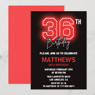 Invitation Neon Noir Rouge Hommes Sport 36e anniversaire