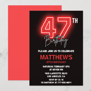 Invitation Neon Noir Rouge Hommes Sport 47e anniversaire