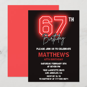 Invitation Neon noir rouge hommes sport 67e anniversaire