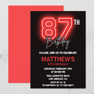 Invitation Neon Noir Rouge Sport Hommes 87e anniversaire