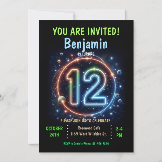 Invitation Neon Number Boy 12e anniversaire (Devant)