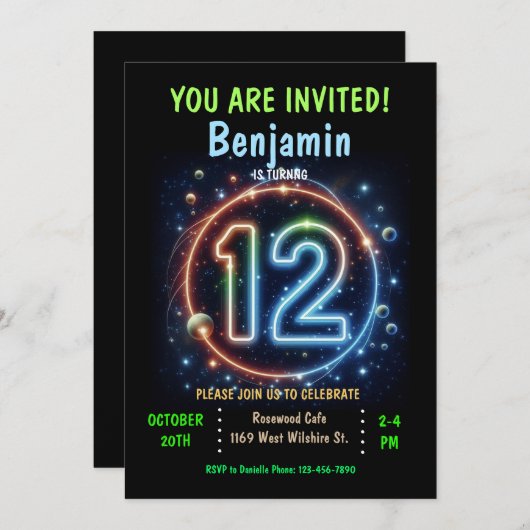 Invitation Neon Number Boy 12e anniversaire (Devant / Derrière)
