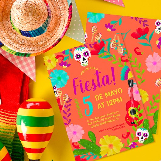 Invitation Neon orange floral mexicain 5 de mayo fiesta party