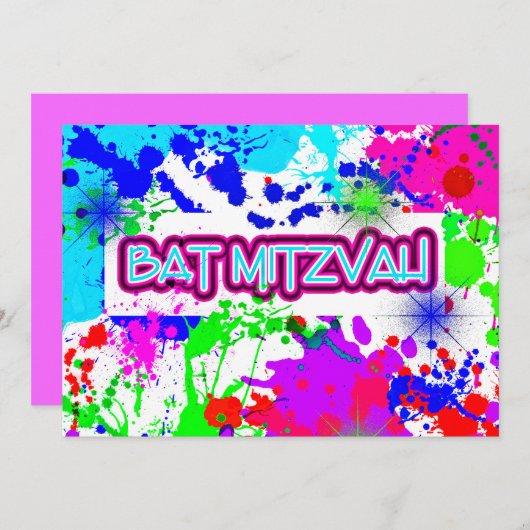 Invitation Neon Paint Splatter, Fête Bat mitzvah (Devant / Derrière)