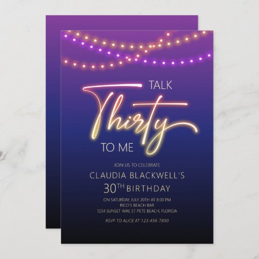 Invitation Neon Parle 30 à moi fête d'anniversaire (Devant / Derrière)