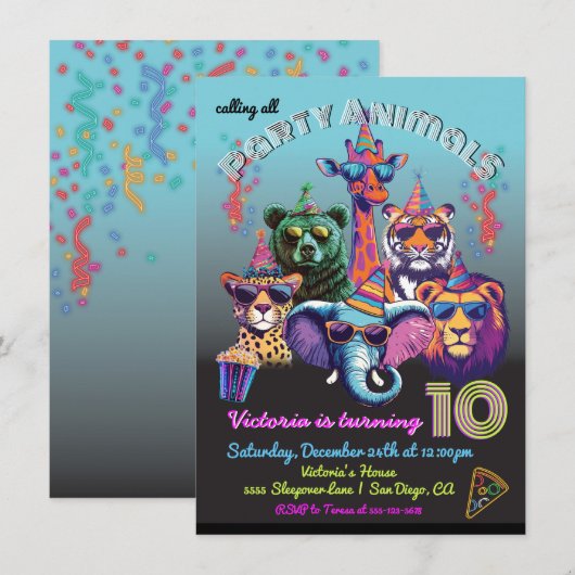 Invitation Neon Party Animaux Anniversaire (Devant / Derrière)