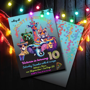 Invitation Neon Party Animaux Anniversaire