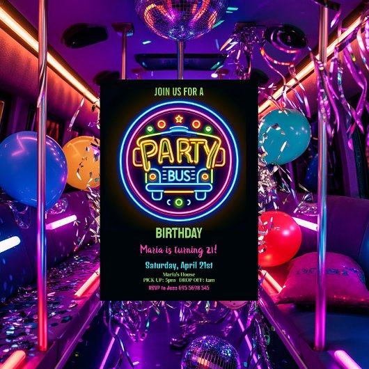 Invitation Neon Party Bus Glow Hopping 21e anniversaire