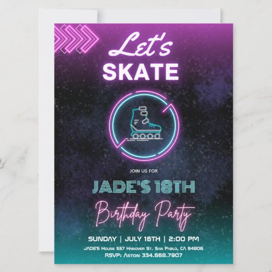 Invitation Neon Patinage sur glace Anniversaire Fête Invitati (Devant)