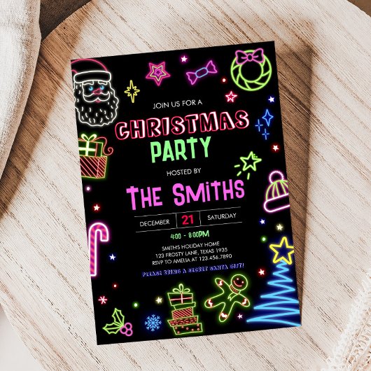 Invitation Neon Père Noël Modern Christmas Party
