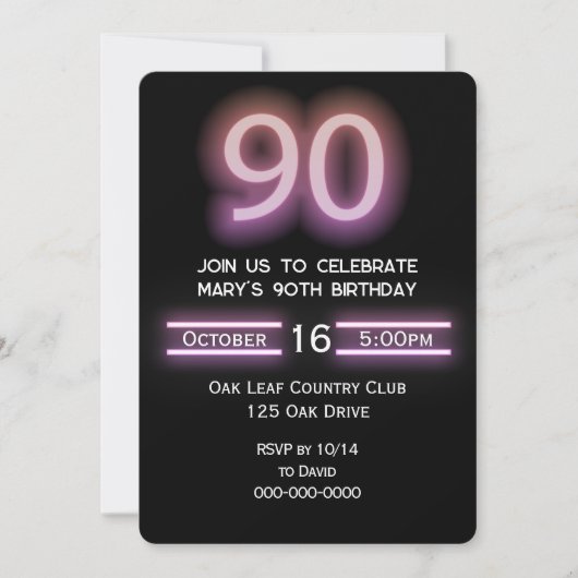 Invitation Neon Pink 90e fête d'anniversaire (Devant)
