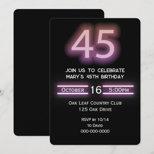 Invitation Neon Pink fête du 45e anniversaire (Devant / Derrière)