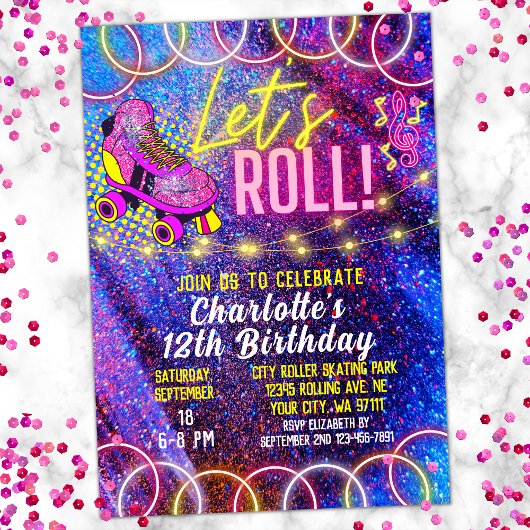 Invitation Neon Pink Roll Girl's Roller Skating Party