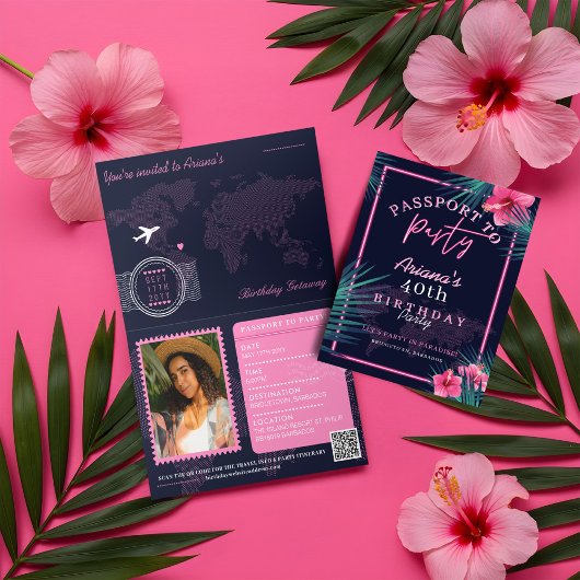 Invitation Neon Pink Tropical Passport Destination Anniversai