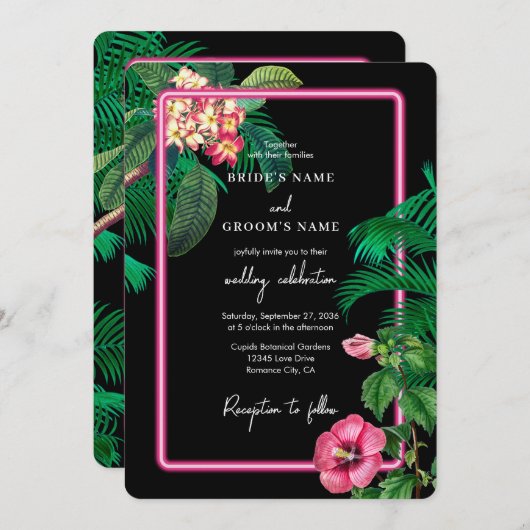 Invitation Neon Pink Tropical Retro Botanical Mariage (Devant / Derrière)
