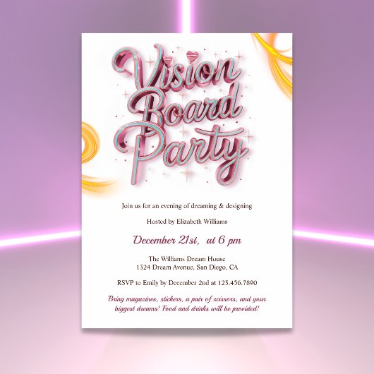 Invitation Neon Pink Vision Board Manifestation Party