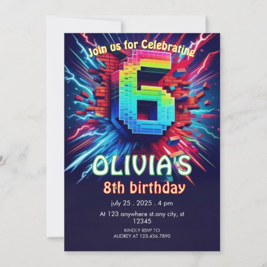 Invitation néon pixel pour garçon de 6 ans d'anniv (Devant)