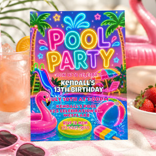 Invitation Neon Pool Party Anniversaire   Été de Glow 