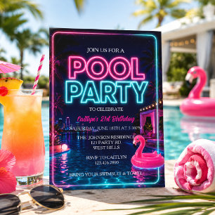 Invitation Neon Pool Party, Fête estivale de natation