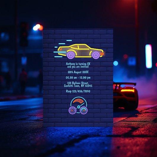 Invitation Neon Racing Car Anniversaire Photo