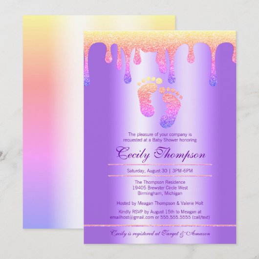 Invitation Neon Rainbow Parties scintillant Drip Luxury Baby  (Devant / Derrière)