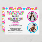 Invitation Neon Rainbow Photo Double Graduation Party (Devant / Derrière)
