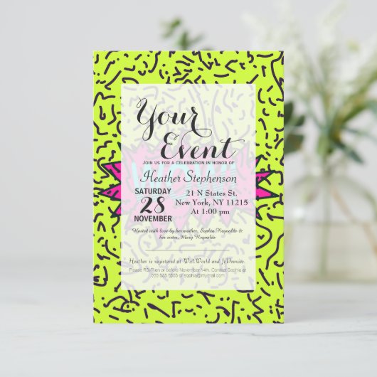 Invitation Neon Retro 80's 90 Scribbled Wow!Typographie (Debout devant)