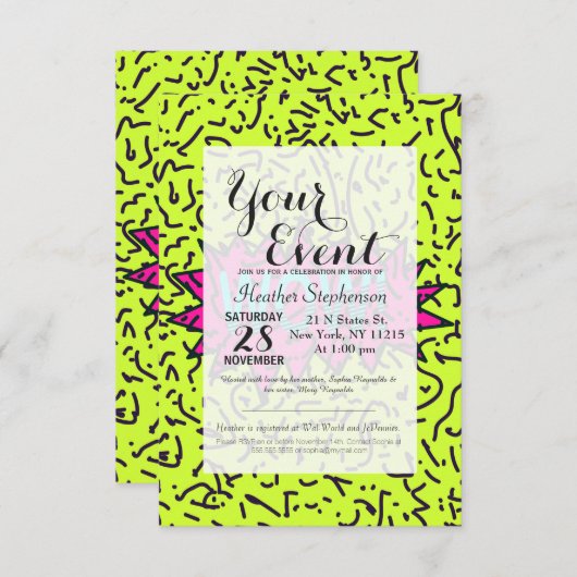 Invitation Neon Retro 80's 90 Scribbled Wow!Typographie (Devant / Derrière)