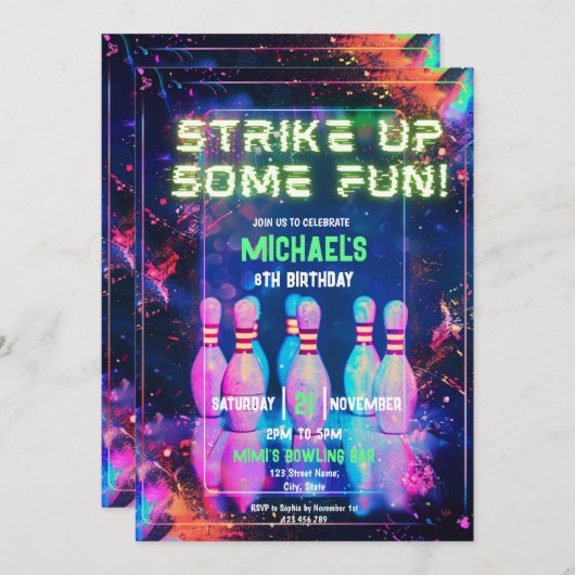 Invitation Neon Retro Bowling Grève Une Fête Amusante (Devant / Derrière)