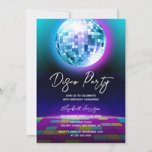 Invitation Neon Retro Disco Party Dance Nuit Anniversaire (Devant)