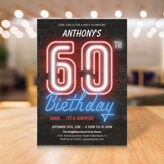 Invitation Neon Retro Surprise 60e anniversaire
