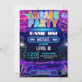 Invitation Neon retro vidéo arcade jeu fête d'anniversaire (Devant)