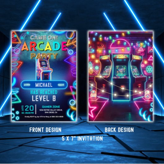 Invitation Neon retro vidéo arcade jeu fête d'anniversaire