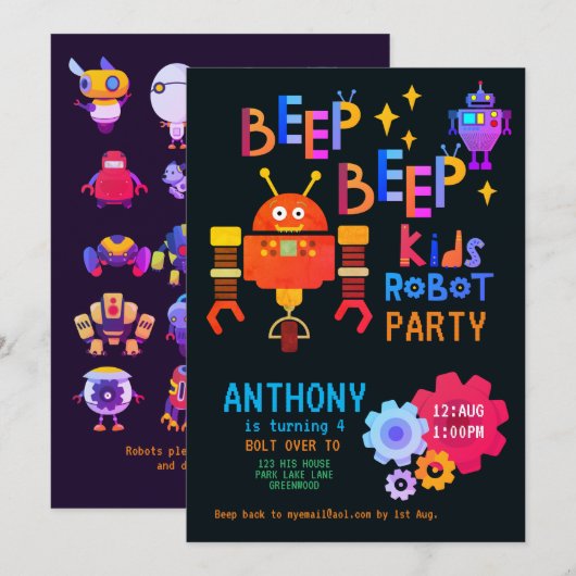Invitation Neon ROBOT FÊTE Anniversaire de enfant Garçons Fil (Devant / Derrière)