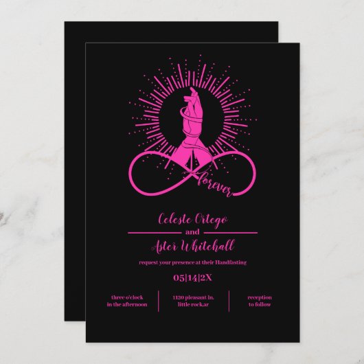 Invitation Neon Rose Forever Hands Mystical Black Handfasting (Devant / Derrière)