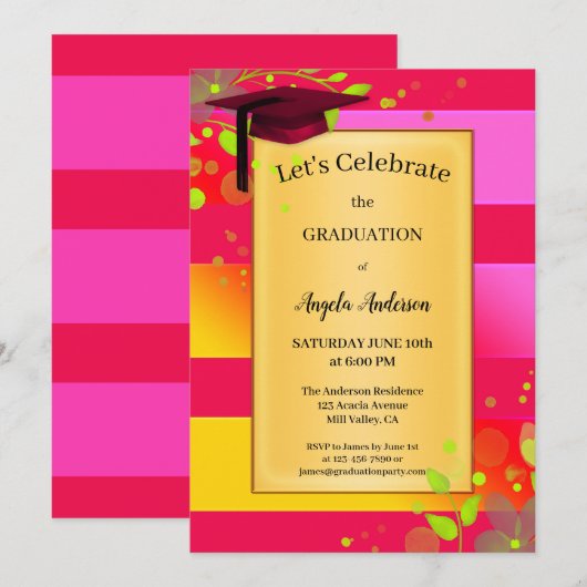 Invitation Neon Rose Rouge Floral Graduation (Devant / Derrière)