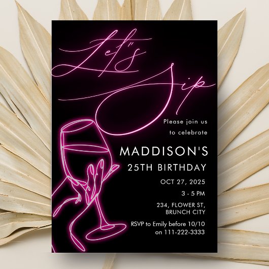 Invitation Neon Rose Sirotons Vin Anniversaire Filles Sortir