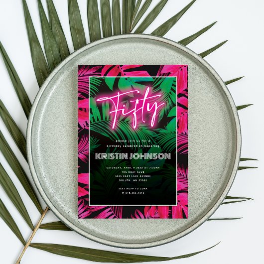 Invitation Neon rose Tropical branché 50e anniversaire
