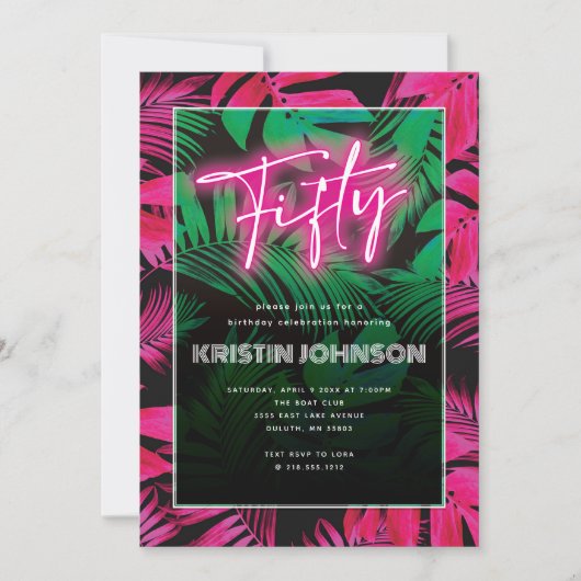 Invitation Neon rose Tropical branché 50e anniversaire (Devant)